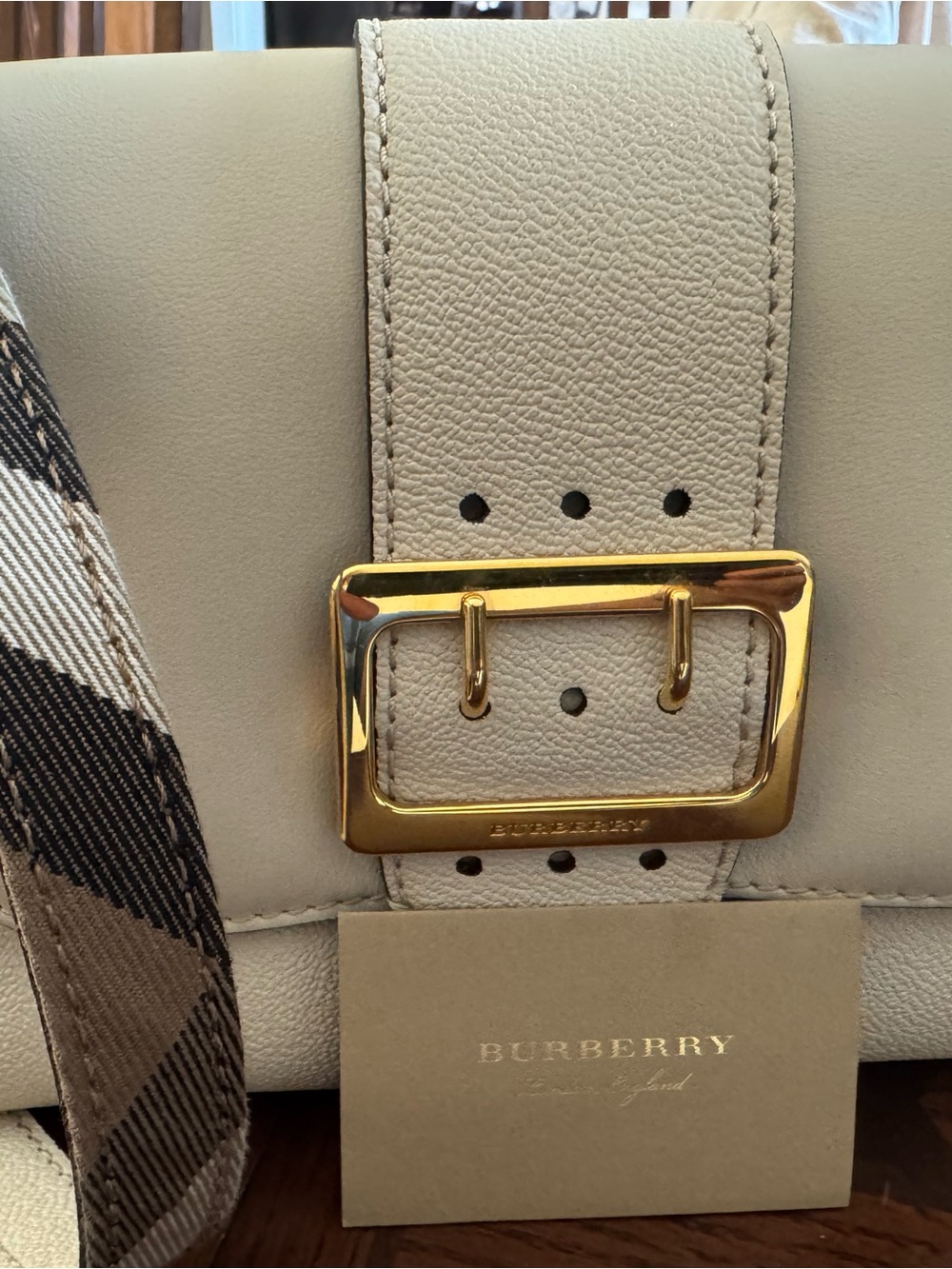 Burberry Cream Leather Shoulder Bag with Gold Buckle and Check Strap